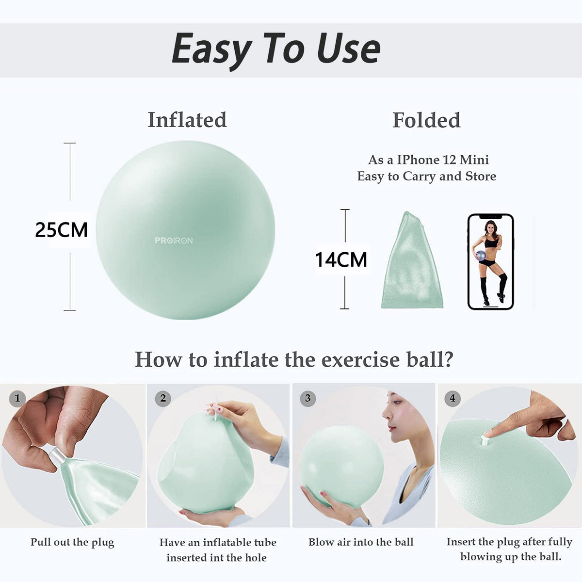 PROIRON 25cm green Pilates ball – 25cm ball dimensions and inflation instructions