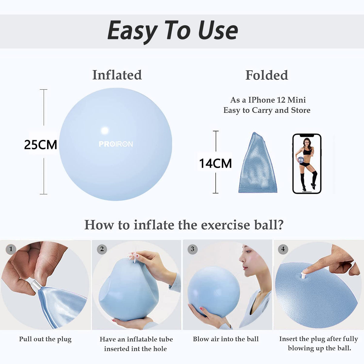 PROIRON 25cm blue Pilates ball – 25cm ball dimensions and inflation instructions