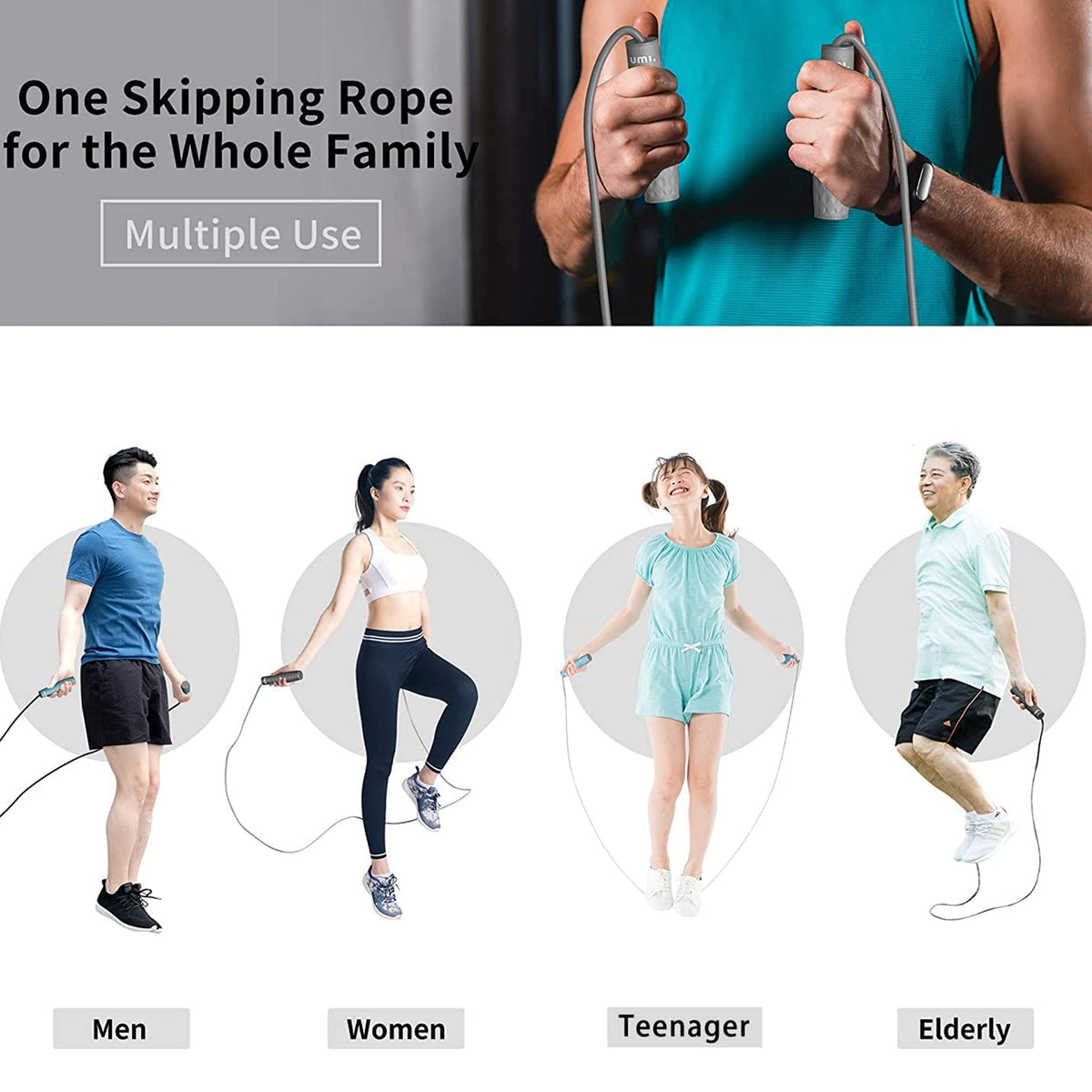 PROIRON adjustable jump rope shown in different exercise settings