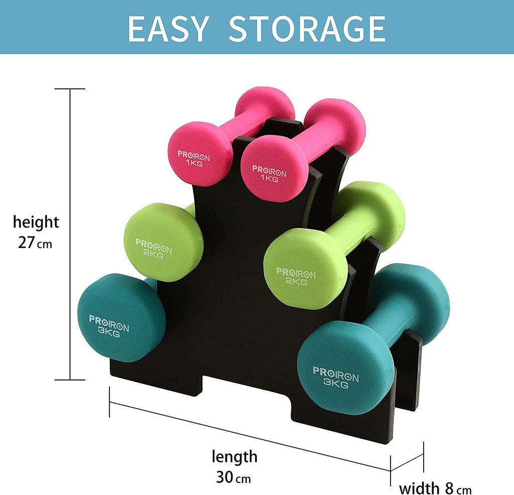 PROIRON Neoprene Dumbbell Set with Rack | 6 Weights (1kg, 2kg, 3kg Pairs) | Warsaw Stock