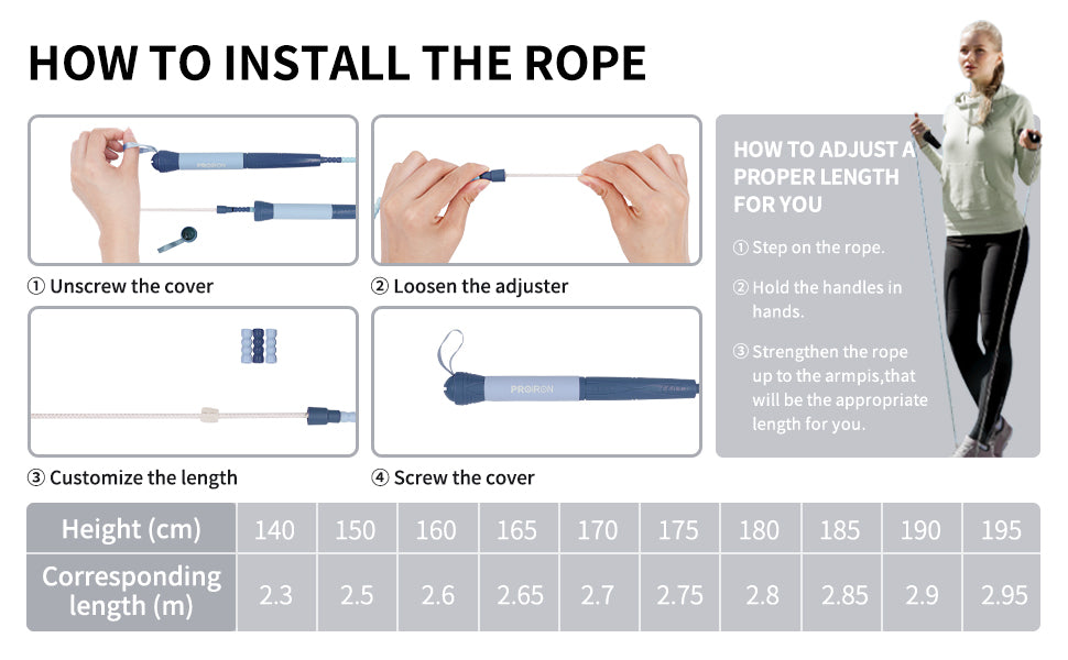 Assembly and length adjustment guide for the blue PROIRON beaded jump rope