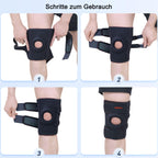 Four-step fitting guide for the black knee support with German labels