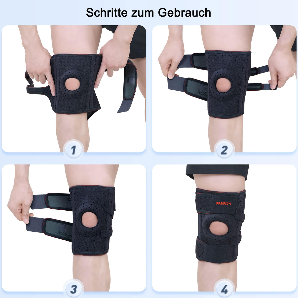 Four-step fitting guide for the black knee support with German labels